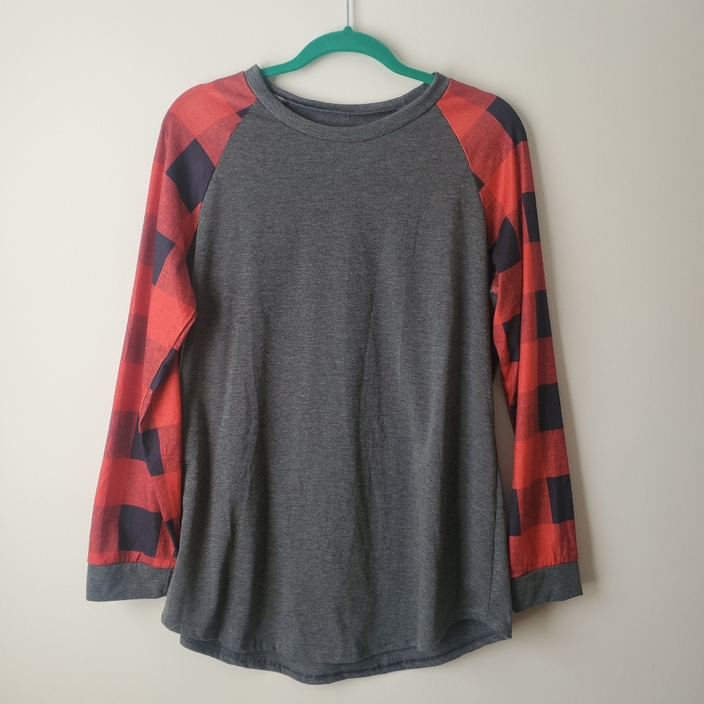 Unbranded Buffalo Plaid Long Sleeve Baseball Tee